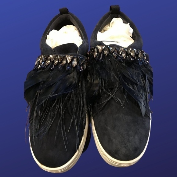 SAM EDELMAN NAVY/BLUE/BLACK SUEDE VANS Beaded/feather trim Women's Size10